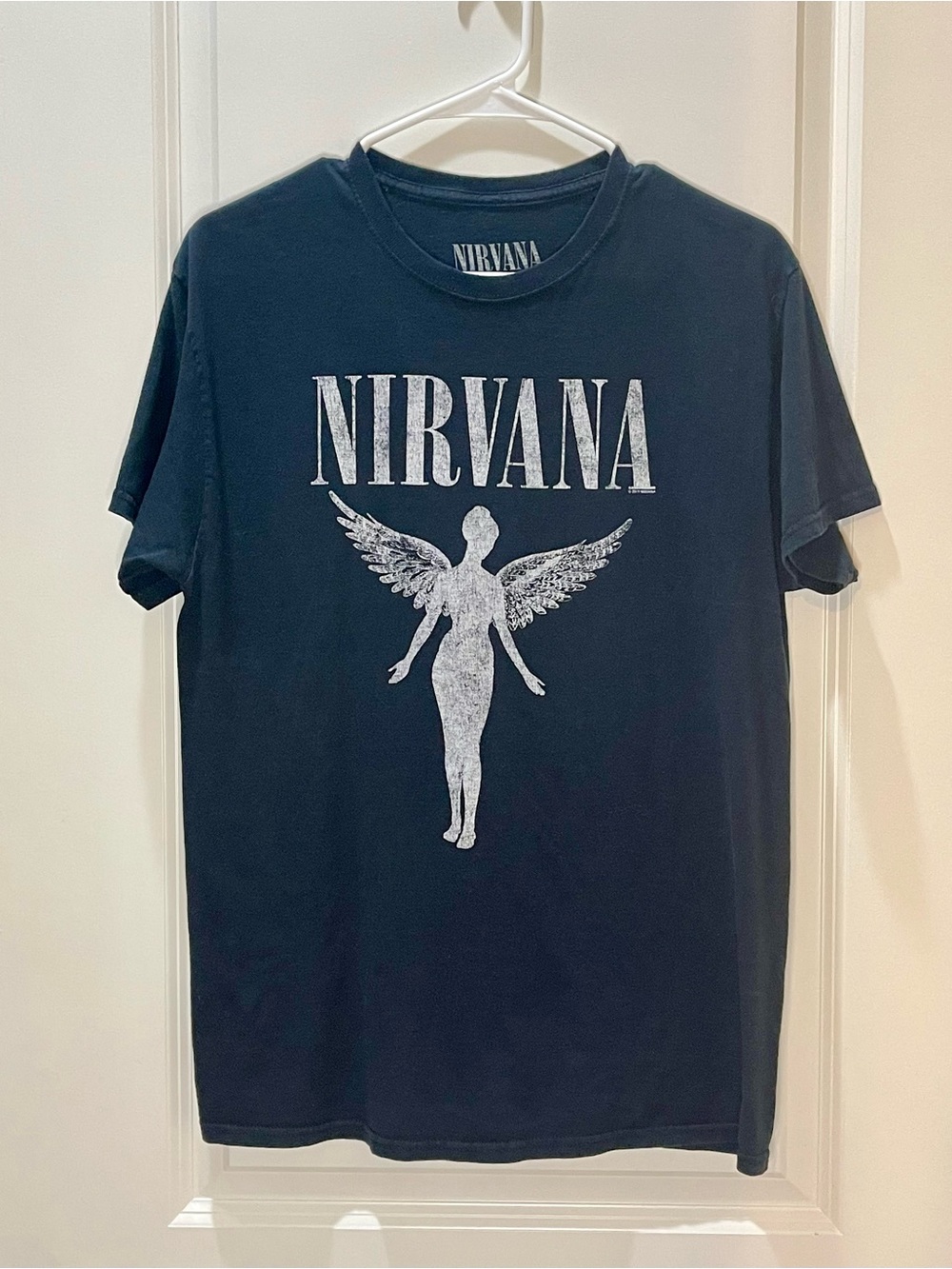 NIRVANA Black Tee with White Flying Angel Graphic M